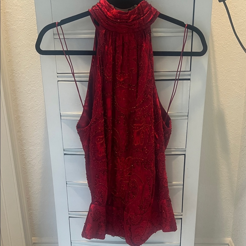 Carmen Marc Valvo Ruby Red Beaded Silk halter neck Holiday Top.
